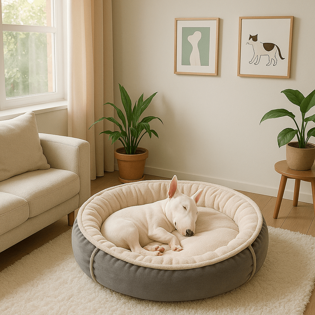Coussin-pour-chien-ergonomique-lit-rond épais rembourré 100% coton haute densité et ergonomique-antidérapant et lavable en velours côtelé pour chien de petit à moyenne taille-un chien moyen qui dort paisiblement sur le flanc dans le panier rond douillet dans le salon de la maison
