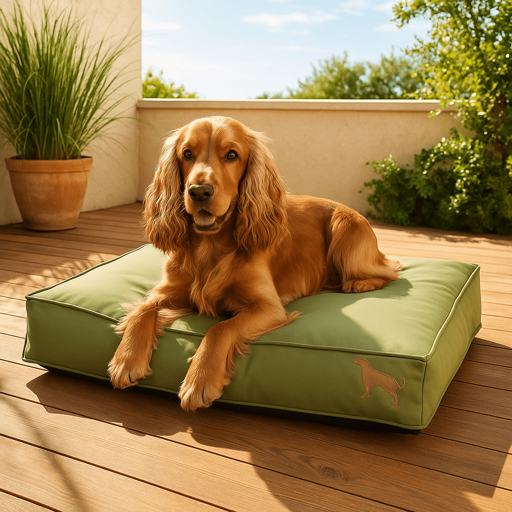 Coussin-pour-chien-imperméable-antidérapant-déhoussable avec matelas intérieur épais et rembourré 100% coton PP ergonomique et hypoallergénique-un chien moyen couché confortablement sur son lit en similicuir vert à l'extérieur de la maison