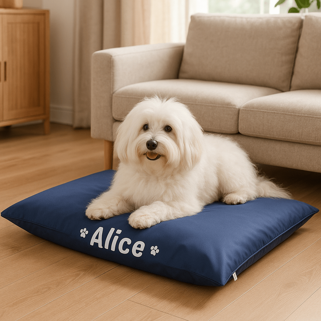 Coussin-pour-chien-personnalisé-imperméable-déhoussable-un Coton de tuléar confortablement couché sur son tapis déhoussable 100% imperméable avec le prénom du chien personnalisable et son coussin intérieur moelleux 100% coton haute densité et antidérapant, dans le salon de la maison