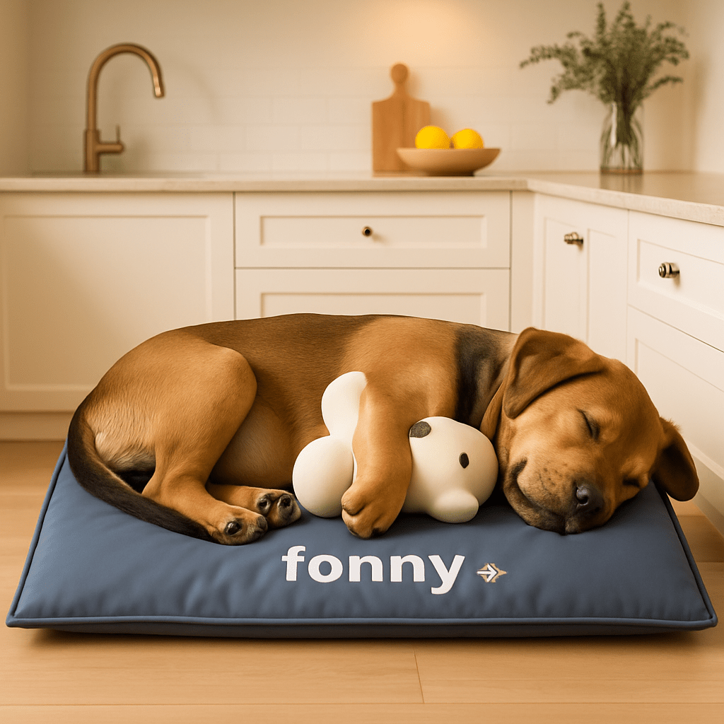 Coussin-pour-chien-personnalisé-imperméable-bleu-un chiot qui dort paisiblement avec jouet entre les pattes sur son coussin déhoussable antidérapant lavable en machine avec coussin intérieur 100% coton sur le sol de la cuisine de la maison