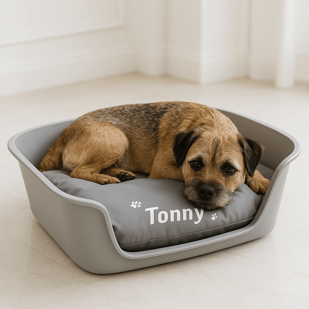 Coussin-pour-chien-personnalisé-multifonction-un Cairn terrier couché en boule sur son coussin imperméable au rembourrage 100% coton, déhoussable et lavable en machine dans son panier en plastique dans le salon de la maison