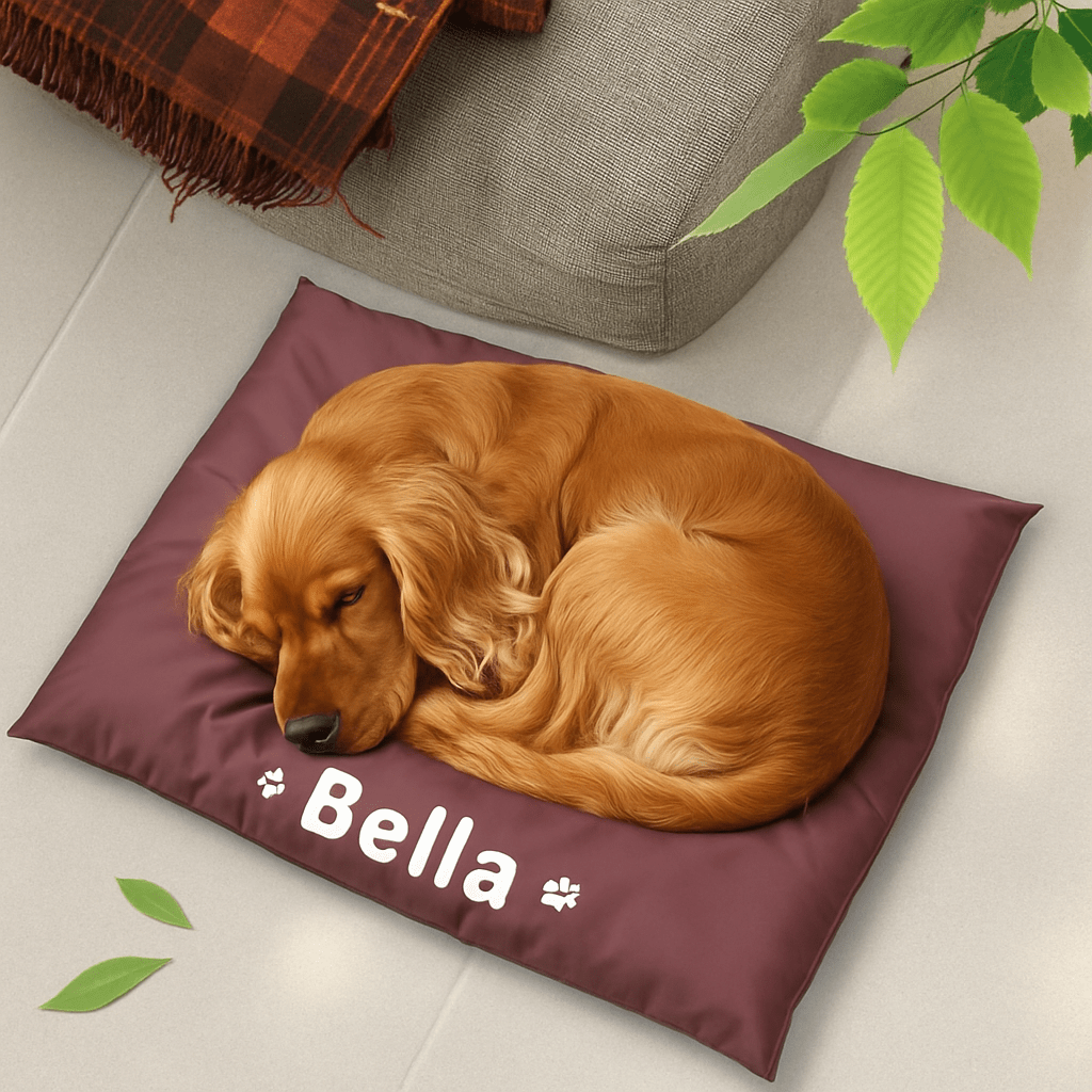 Coussin-pour-chien-personnalisé-nom-du-chien-un Cocker anglais qui dort paisiblement en boule sur son coussin rectangulaire 100% imperméable, déhoussable rembourré 100% coton, lavable en machine dans la chambre de l'appartement
