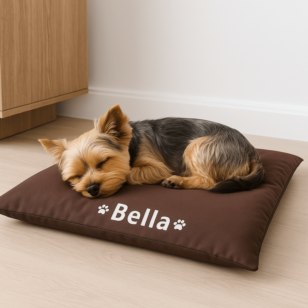 Coussin-pour-chien-personnalisable-avec le prénom du chien-déhoussable rembourré 100% coton haute densité lavable en machine et housse 100% imperméable et antidérapante pour chien de petite à moyenne taille-un petit chien qui dort en boule sur son tapis épais dans le salon de l'appartement