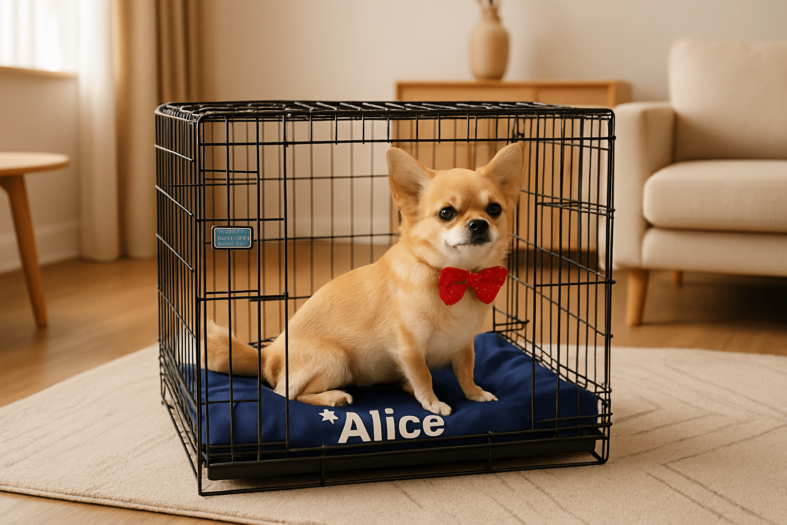 Coussin-pour-chien-personnalisé-polyvalent-déhoussable avec coussin intérieur 100% coton lavable en machine et housse imperméable antidérapant-un chihuahua assis confortablement sur le tapis épais bleu dans la cage de transport posé sur le sol du salon de l'appartement