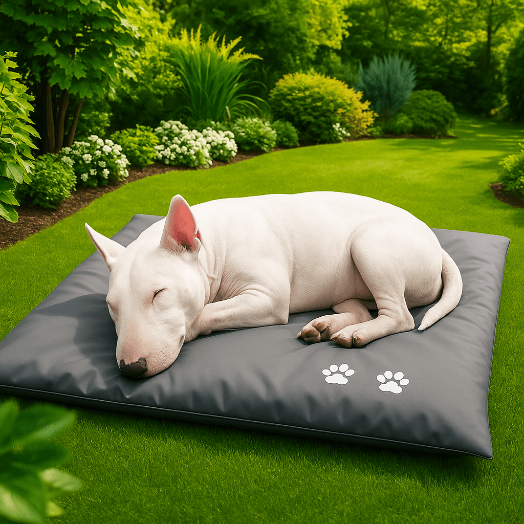 Coussin-pour-chien-personnalisable-un bull terrier miniature qui dort paisiblement sur son coussin imperméable gris avec son prénom imprimé sur le tapis antidérpant avec coussin intérieur rembourré 100% coton dans le jardin de la maison