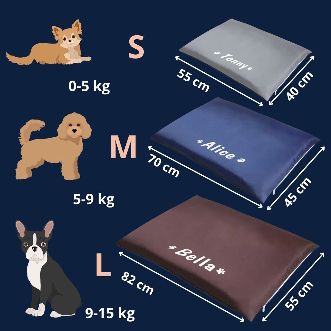 Coussin-pour-chien-personnalise-guide-des-tailles-disponible en 3 tailles S, M et L pour chien de petite à moyenne taille de 0 à 15 kg-dimensions détaillées et correspondance avec le poid du chien