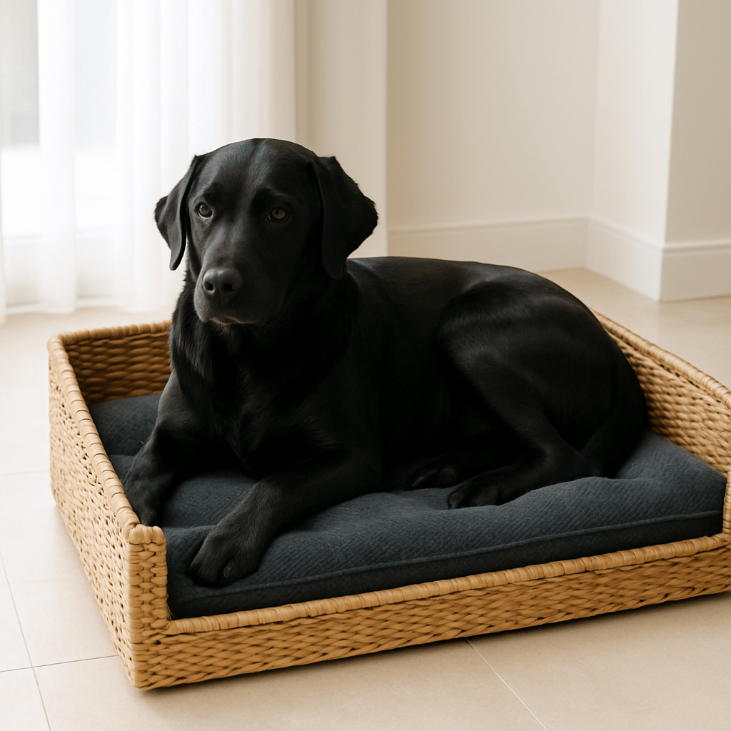 Coussin-pour-chien-xxl-gris-fonce-un grand chien couché sur son matelas épais rembourré 100% coton PP dans son panier rectangulaire de couleur gris foncé dans le salon de l'appartement