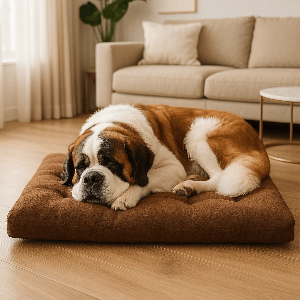 Coussin-pour-chien-xxl-marron-un chien géant couché sur le coussin marron lavable en machine et eu rembourrage 100% coton PP résistant aux griffes, doux en velours solide dans le salon de 'appartement