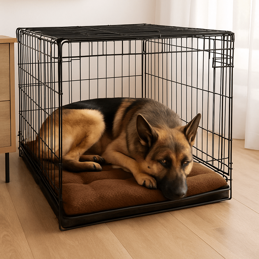 Coussin-pour-chien-xxl-tapis-un grand chien couché sur le coussin épais et lavable dans la cage de transport-fond antidérapant et design neutre