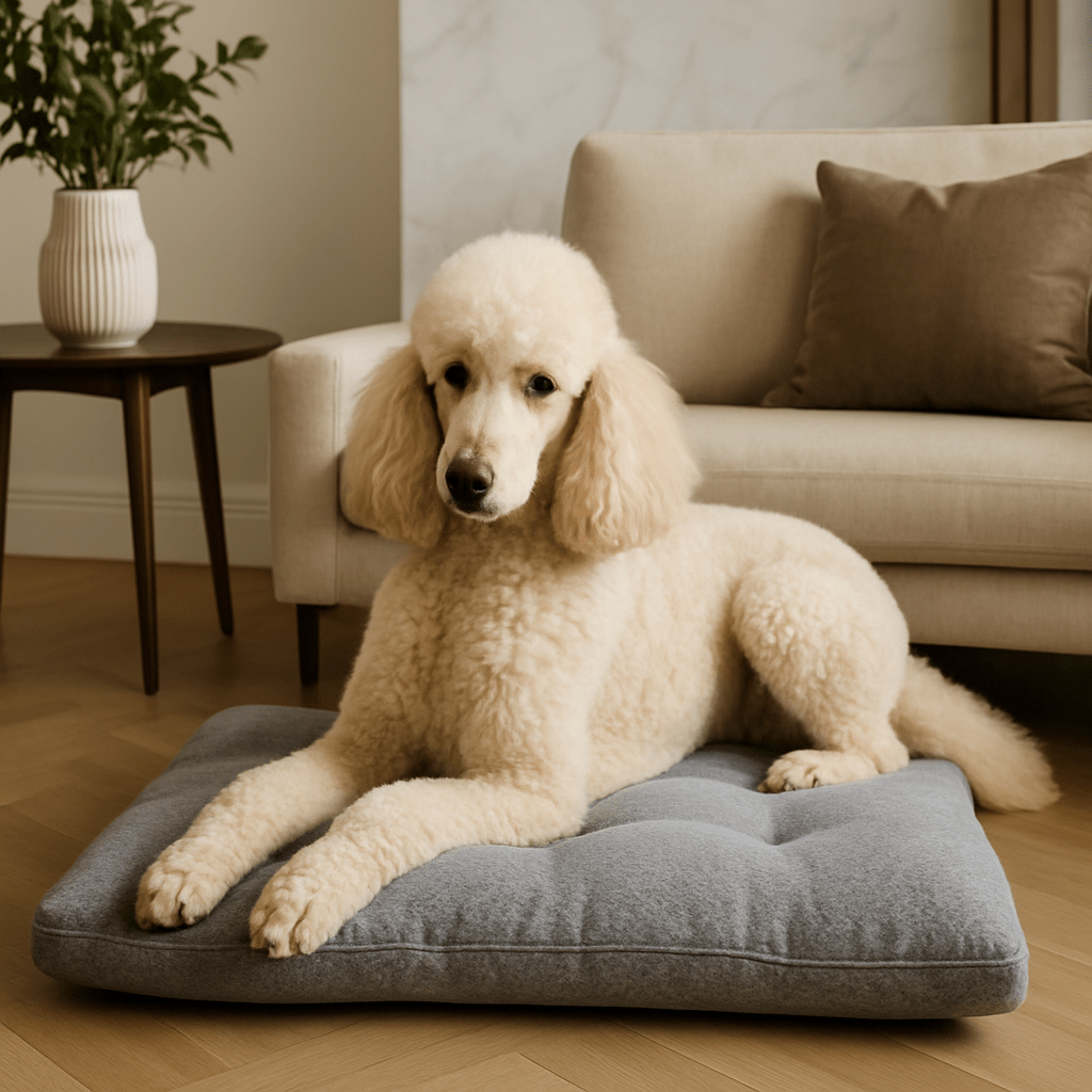 Coussin-pour-chien-xxl-velours-un chien de grande talle couché sur le coussin rectangulaire épais et moelleux, respirant et chaud dans le salon de l'appartement