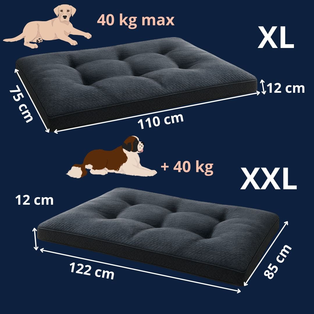 Coussin-pour-chien-xxl-xl-guide-des-tailles-2 tailles xl et xxl pour chien de grande à trÚs grandes tailles dimensions détaillées et correspondance avec le poids du chien