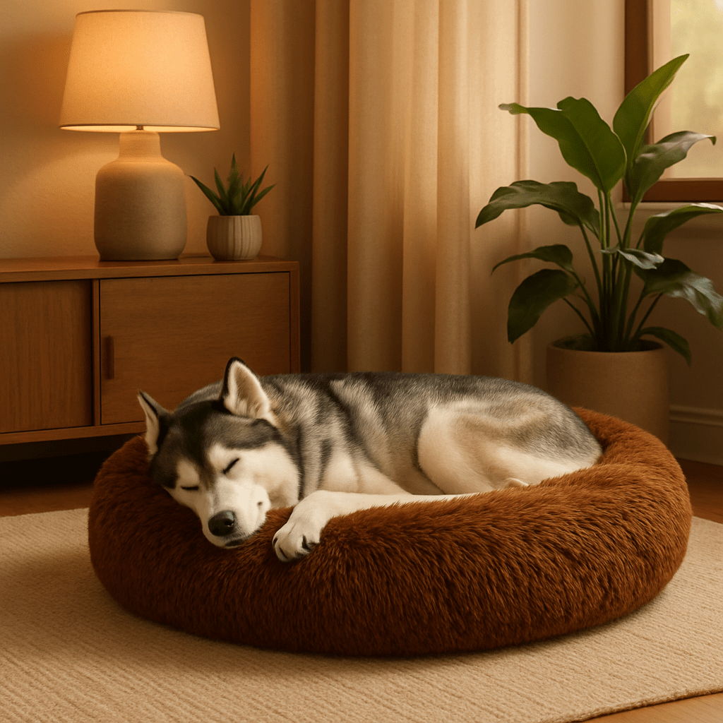 Coussin-xl-pour-chien-marron-lavable en machine-rembourrage 100% coton PP-peluche douce-un Husky qui dort paisiblement niché dans son lit rond en forme de donut anti-anxiété dans le salon de la maison