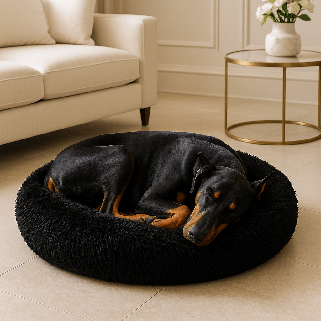 Coussin-xl-pour-chien-noir-un pinscher Allemand couché en boule au chaud dans son lit rond avec rebord en peluche douillette et rembourrage 100% coton haute densité et antidérapant de couleur noir dans le salon de la maison