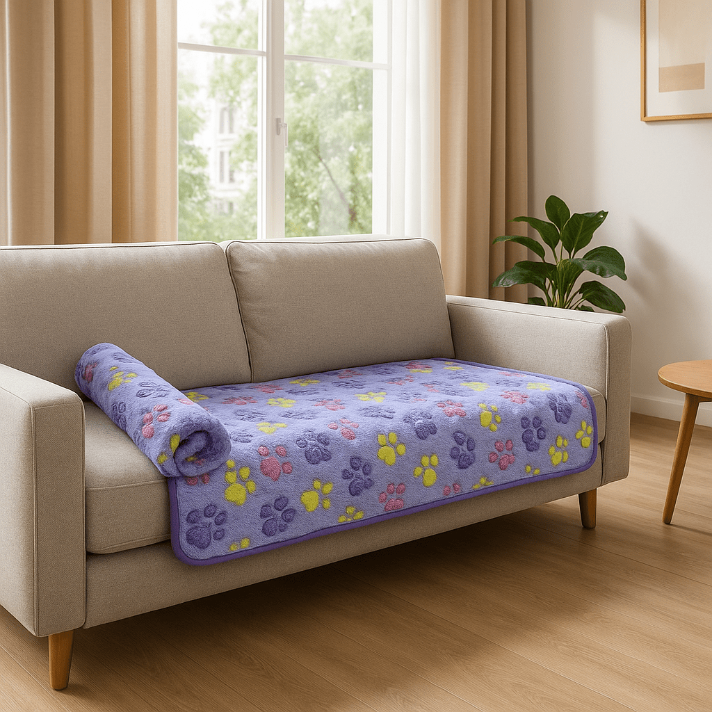 Couverture-pour-chien-design-pattes-de-chien-tissu corail toucher velours ultra-doux-coutures résistante et imperméable-lavable en machine pour chien de toute taille-de couleur mauve