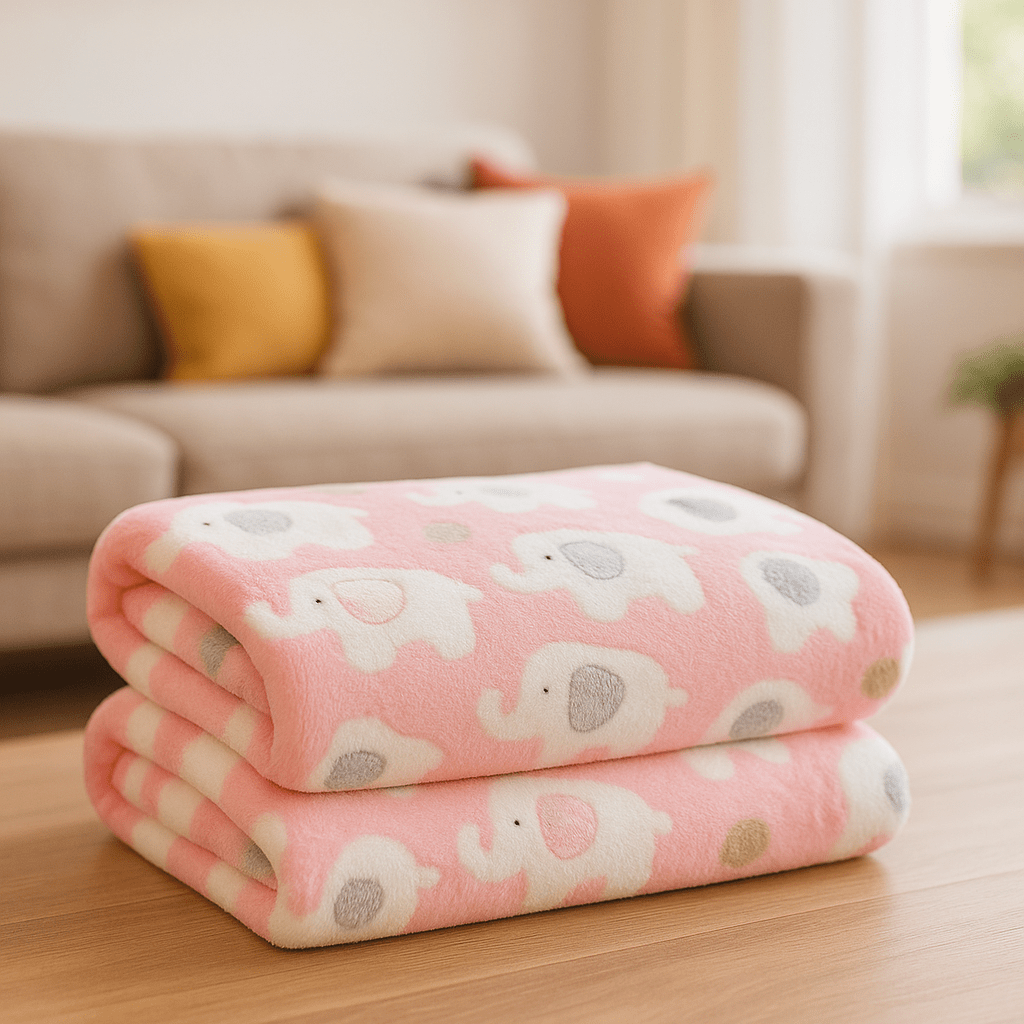 Couverture-pour-chien-anti-poils-douillette-polaire-anti-bouloche-résistante et solide-lavable en machine-disponible en 2 tailles M et L pour chiens de toute taille, disponible en 3 coloris bleu, rose et jaune avec motif mignon d'éléphant-de couleur rose