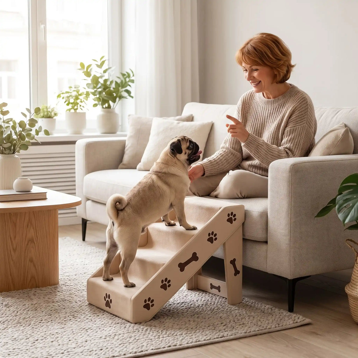 Escalier-pour-chien-pliable-chiot-avec-design-pattes-os-de-chien de 4 marches en PolypropylÚne (PP) robuste,se plie avec un bouton de sécurité, conception stable en triangle avec pieds antidérapant marches larges avec tissu antidérapant et garde-corps de sécurité pour chien et chien de petite à moyenne race-un chien de race moyenne qui monte sur l'escalier avec structure stable triangulaire avec 4 pieds antidérapants pour rejoindre sa maitresse assis sur le canapé qui l'appelle et l'encourage toute heureuse
