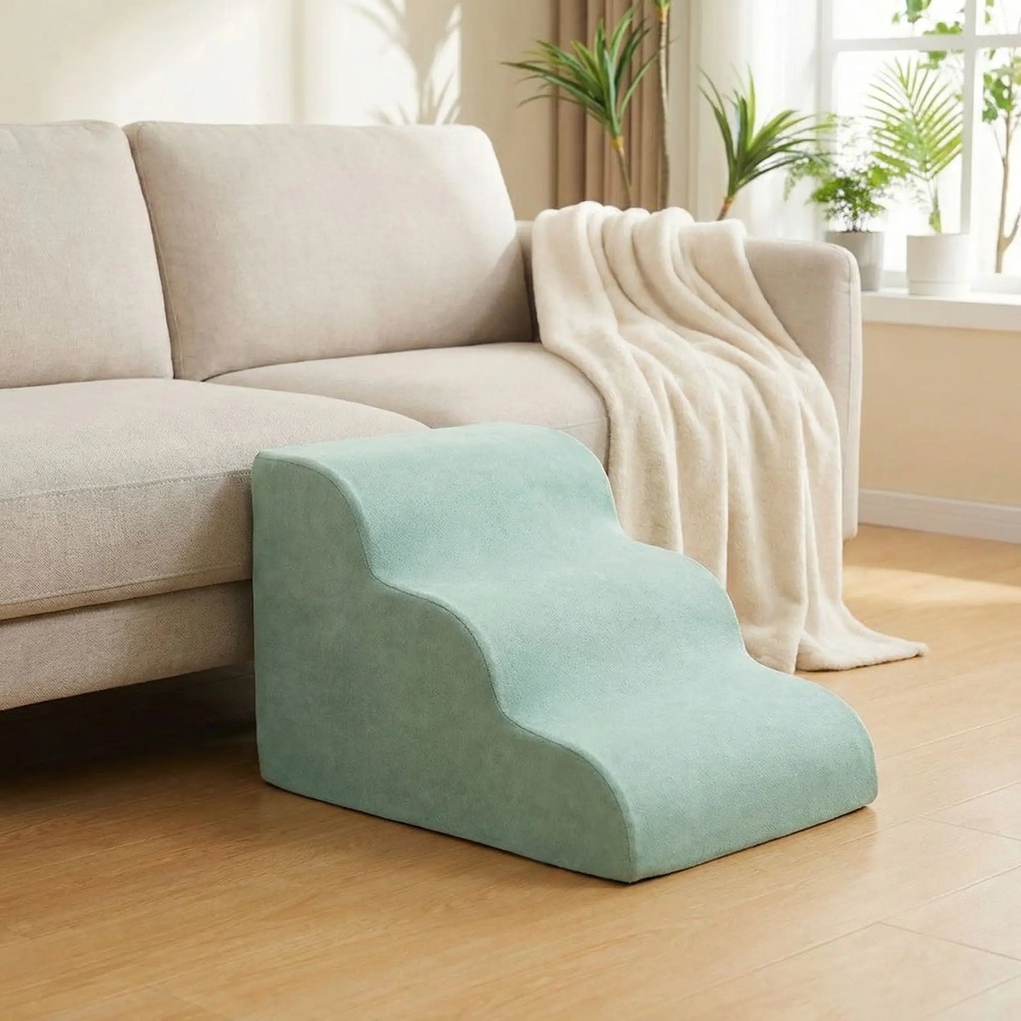 Escalier pour chien chiot antidérapant, déhoussable lavable en machine avec mousse haute résilience à mémoire de forme pour protèger les articulations sensibles, sécurisé , confortable, résistant aux griffes pour petit et chien de moyenne taille-design velours sur le dessus ultra-doux et tissu en coton solide-modèle 3 marches de couleur vert contre le canapé du salon pour un accès facile pour le chien