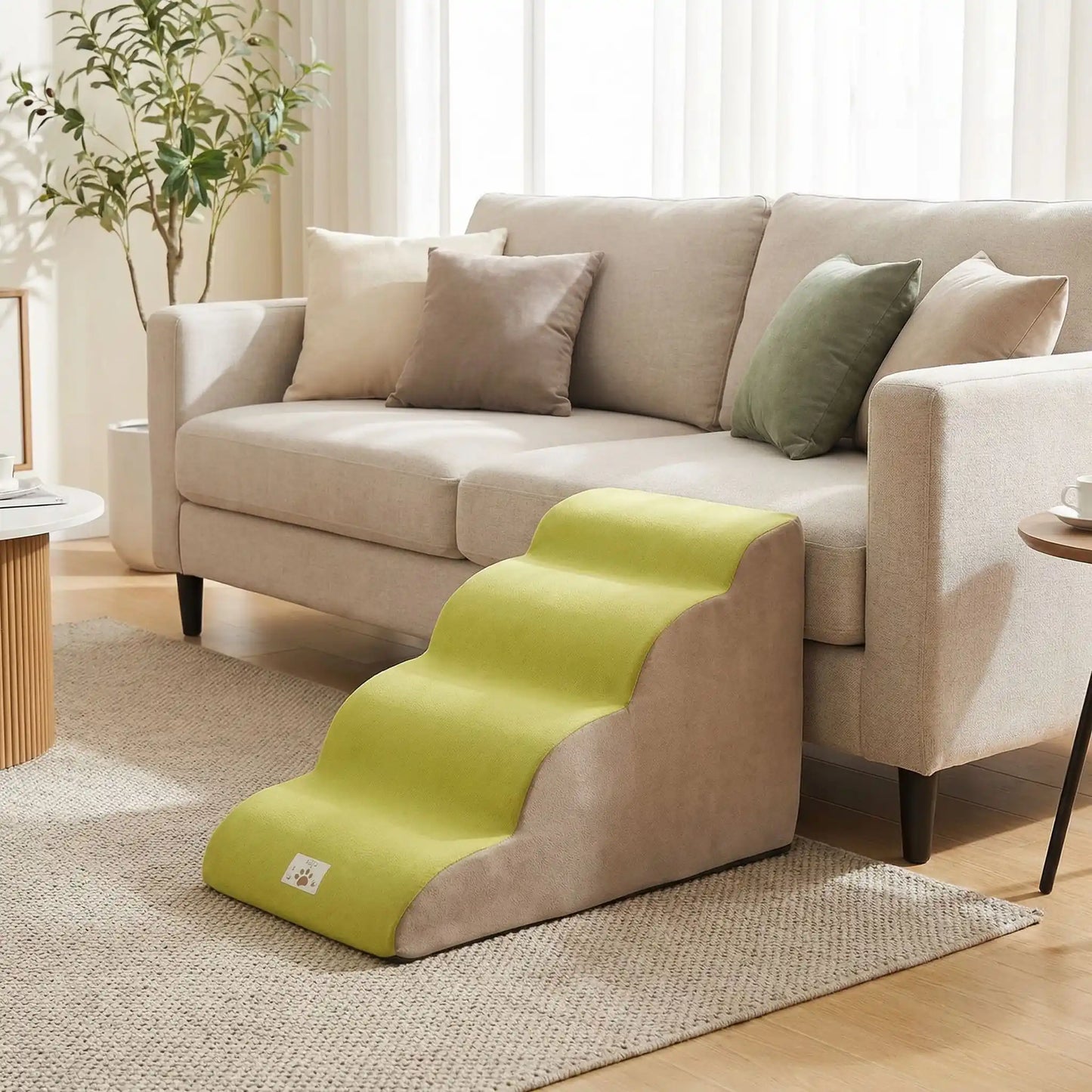 Escalier pour chien chiot antidérapant, déhoussable lavable en machine avec mousse haute résilience à mémoire de forme pour protÚger les articulations sensibles, sécurisé , confortable, résistant aux griffes pour petit et chien de moyenne taille-design velours sur le dessus ultra-doux et tissu en coton solide-umodÚle 4 marches de couleur vert et beige contre le canapé du salon de l'appartement