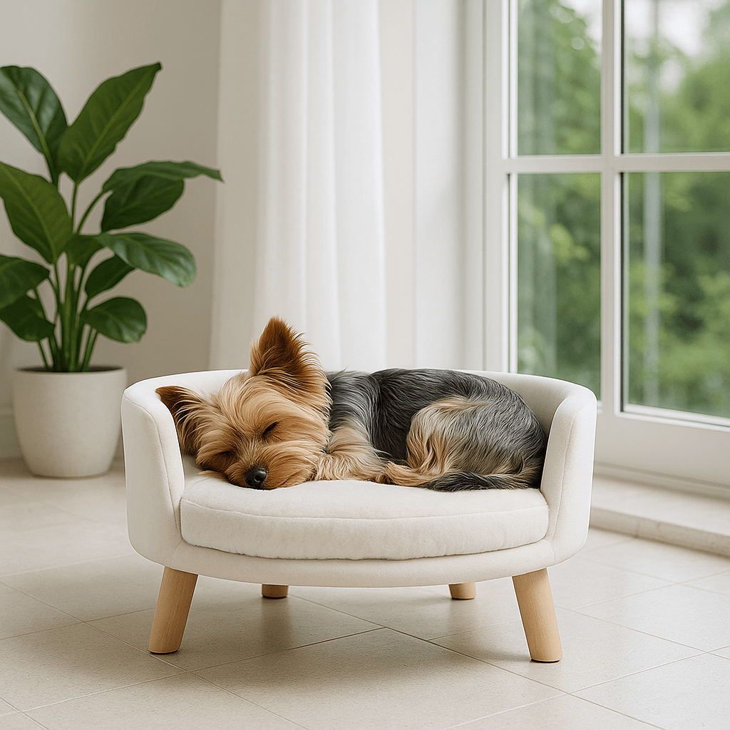 Fauteuil-pour-chien-imperméable-anti-stress-structure en bois naturel-coussin intérieur amovible, déhoussable et lavable en machine-surface douillette en peluche hypoallergénique rembourré 100% coton haute densité-sur pied en bois robuste et antidérapant-dossier arrondi et entourant-sécurisant et ergonomique-un chien de petite taille qui dort en boule paisiblement sur son mini canapé au design scandinave de couleur crÚme-surélevé dans la véranda de l'appartement