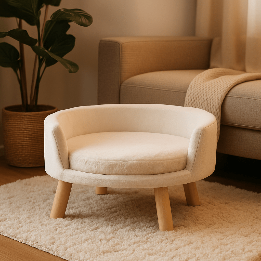 Fauteuil-pour-chien-imperméable-anti-stress-structure en bois naturel-coussin intérieur amovible, déhoussable et lavable en machine-surface douillette en peluche hypoallergénique rembourré 100% coton haute densité-sur pied en bois robuste et antidérapant-dossier arrondi et entourant-sécurisant et ergonomique-de couleur crÚme pour chiot et petits chiens de 0 à 9 kg