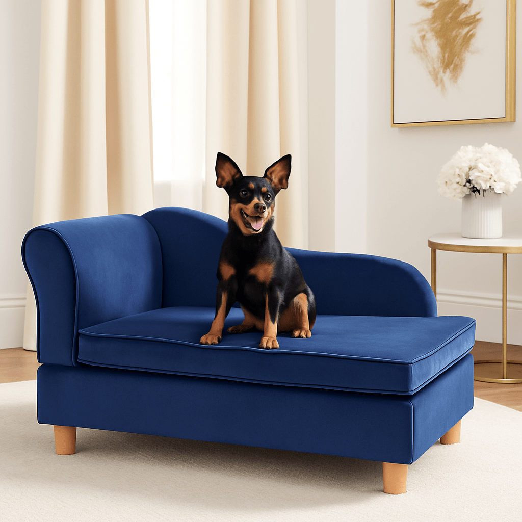 Fauteuil-pour-chien-bois et velours de couleur bleu roi sur pied-un Schnauzer assis sur le canapé design avec pied dans le salon de la maison