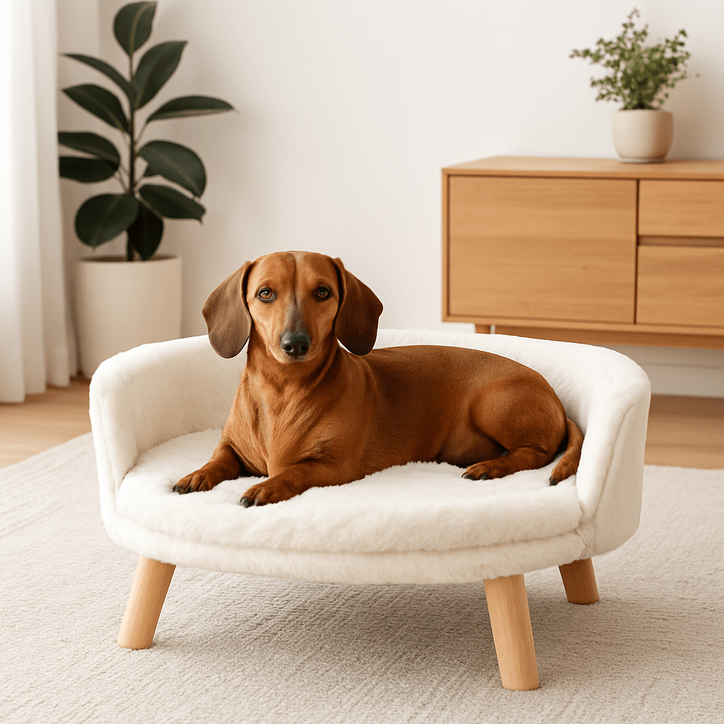 Fauteuil-pour-chien-imperméable-anti-stress-structure en bois naturel-coussin intérieur amovible, déhoussable et lavable en machine-surface douillette en peluche hypoallergénique rembourré 100% coton haute densité-sur pied en bois robuste et antidérapant-dossier arrondi et entourant-sécurisant et ergonomique-un chein nain qui se repose couché paisiblement sur son mini canapé au design scandinave de couleur crÚme-surélevé dans la chambre de la maison