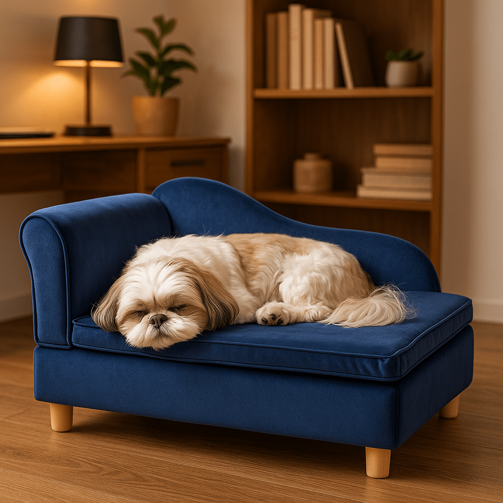 Fauteuil-pour-chien-coussin-déhoussable-lavable-avec structure en bois massif-un Shih tzu qui dort paisiblement couché sur son divan taille S design en bois et velours dans le bureau de la maison