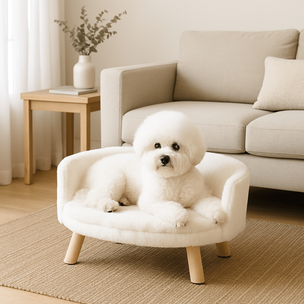 Fauteuil-pour-chien-imperméable-anti-stress-structure en bois naturel-coussin intérieur amovible, déhoussable et lavable en machine-surface douillette en peluche hypoallergénique rembourré 100% coton haute densité-sur pied en bois robuste et antidérapant-dossier arrondi et entourant-sécurisant et ergonomique-un petit chien blanc qui se détend paisiblement couché sur son mini canapé au design scandinave de couleur crÚme-surélevé dans la véranda de la maison