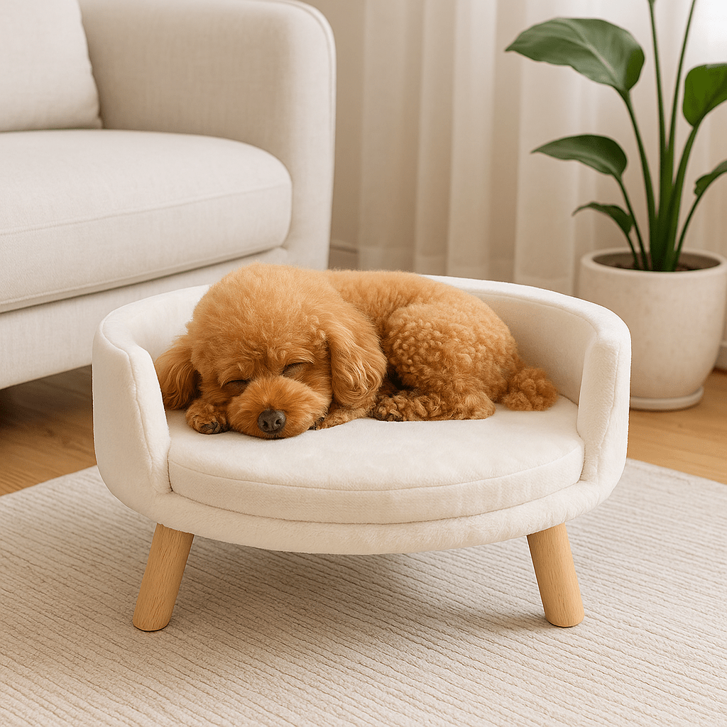 Fauteuil-pour-chien-imperméable-anti-stress-structure en bois naturel-coussin intérieur amovible, déhoussable et lavable en machine-surface douillette en peluche hypoallergénique rembourré 100% coton haute densité-sur pied en bois robuste et antidérapant-dossier arrondi et entourant-sécurisant et ergonomique-un chien de race Toy qui dort en boule paisiblement sur son mini canapé au design scandinave de couleur crÚme-surélevé dans le salon moderne de la maison