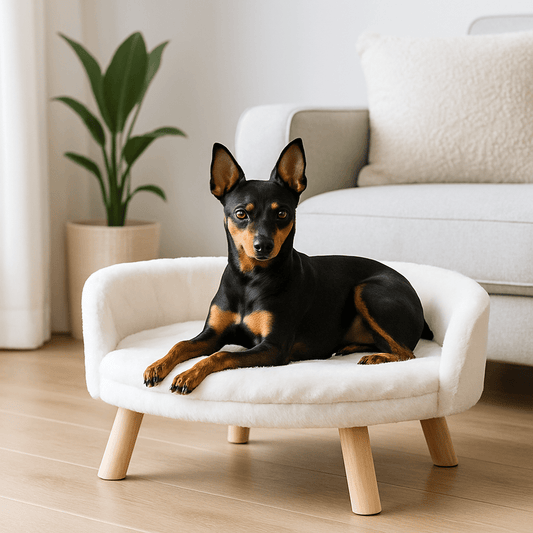 Fauteuil-pour-chien-imperméable-anti-stress-structure en bois naturel-coussin intérieur amovible, déhoussable et lavable en machine-surface douillette en peluche hypoallergénique rembourré 100% coton haute densité-sur pied en bois robuste et antidérapant-dossier arrondi et entourant-sécurisant et ergonomique-un chien nain paisiblement couché sur son mini canapé au design scandinave de couleur crème-surélevé dans le salon de l'appartement