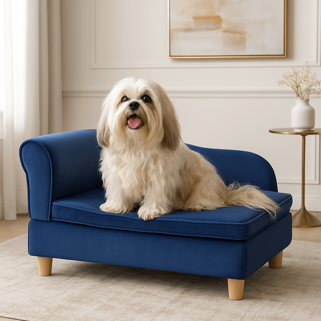 Fauteuil-pour-chien-dĂ©houssable et lavable avec coussin amovible sur structure en bois massif et revĂȘtement en velours rĂ©sistant aux griffes-un Lhassa Apso assis confortablement sur son divan design de couleur bleu roi avec pieds en bois dans le salon de la maison
