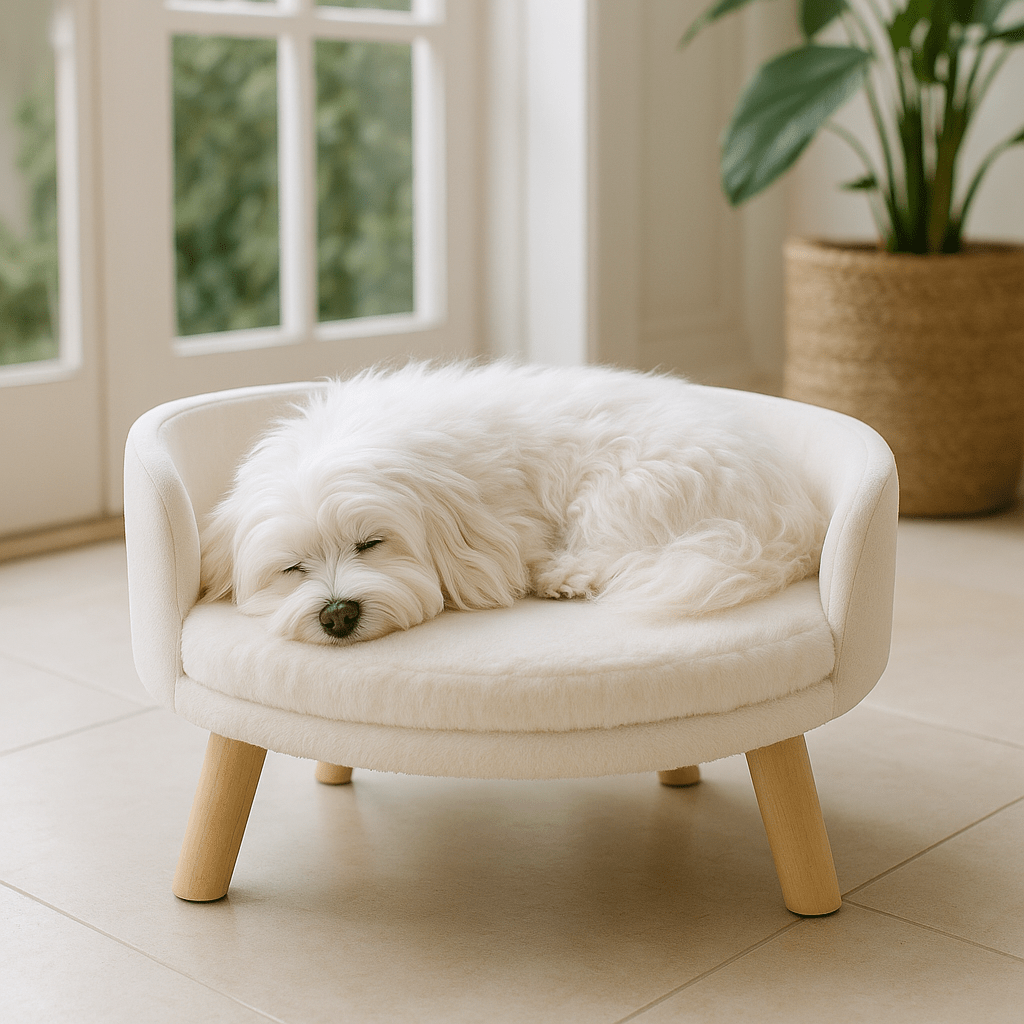 Fauteuil-pour-chien-imperméable-anti-stress-structure en bois naturel-coussin intérieur amovible, déhoussable et lavable en machine-surface douillette en peluche hypoallergénique rembourré 100% coton haute densité-sur pied en bois robuste et antidérapant-dossier arrondi et entourant-sécurisant et ergonomique-un petit chien à longs poils qui dort en boule paisiblement sur son mini canapé au design scandinave de couleur crÚme-surélevé dans la véranda de la maison