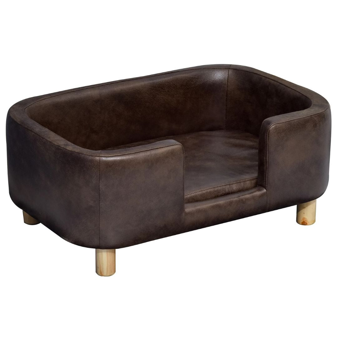 Fauteuil-pour-petit-chien-bis surélevé par 4 pieds en bouleau massif avec coussin amovible épais et 100% imperméable et lavable-design arrondi moderne avec haut rebord comme un panier et ouverture sur le devant