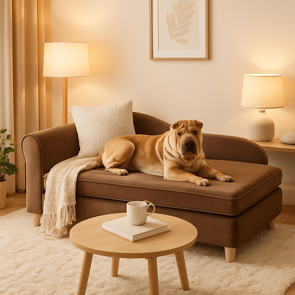 Fauteuils-pour-chiens-avec-coffre-de-rangement-en bois massif et velours résistant aux griffes sur pieds robuste-un chien moyen confortablement couché sur son canapé lit design pour petit à chien de moyenne taille dans le salon de la masion