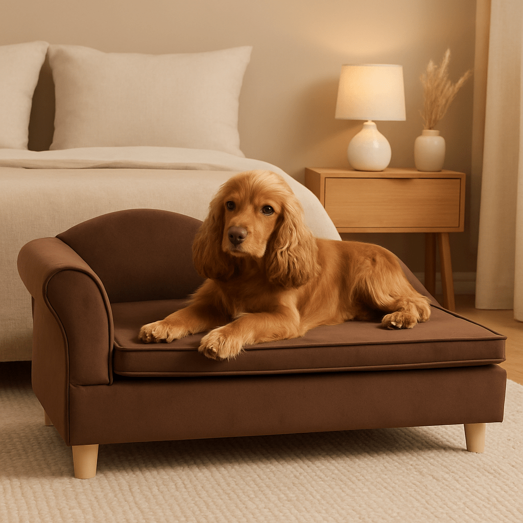 Fauteuils-pour-chiens-lit-surĂ©levĂ©-un chien moyen confortablement couchĂ© sur le canapĂ© design avec dossier accoudoir et pied en bois massif et revĂȘtement en velours doux et son coffre de rangement intĂ©grĂ© dans la chambre de l'appartement