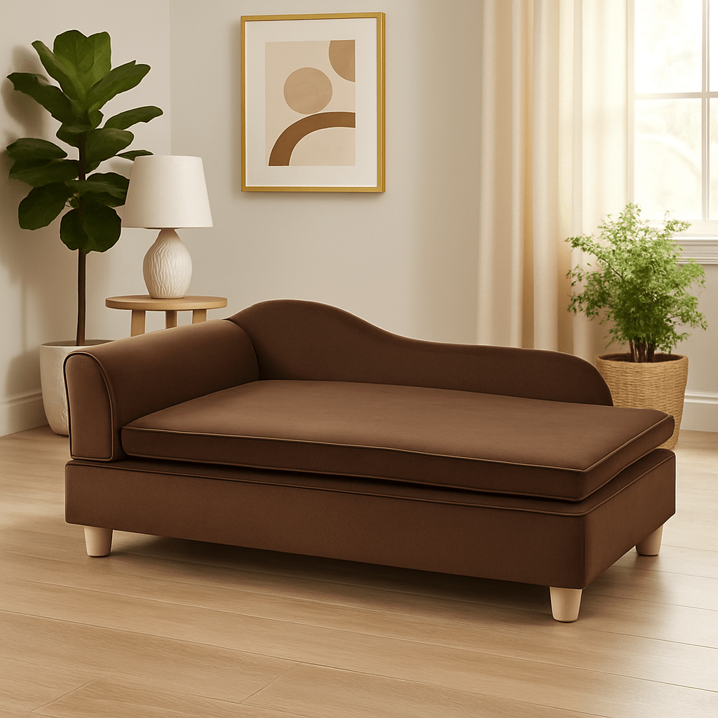 Fauteuils-pour-chiens-marron-avec matelas en Ă©ponge haute densitĂ© dĂ©houssable et lavable en machine-structure en bois massif et revĂȘtement en velours impermĂ©able et rĂ©sistant aux griffes-divan design avec pied et coffre de rangement dissimilĂ© de couleur marron pour petit Ă chien de taille moyenne