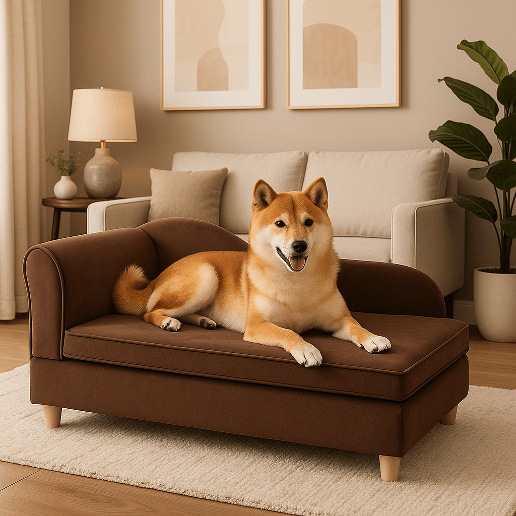 Fauteuils-pour-chiens-moyen-petit-un chien de taille moyenne confortablement couché sur son canapé lit design avec dossier accoudoir en L et pied robuste en bois massif et velours avec coussin amovible déhoussable et lavable en éponge haute densité dans le salon de la maison