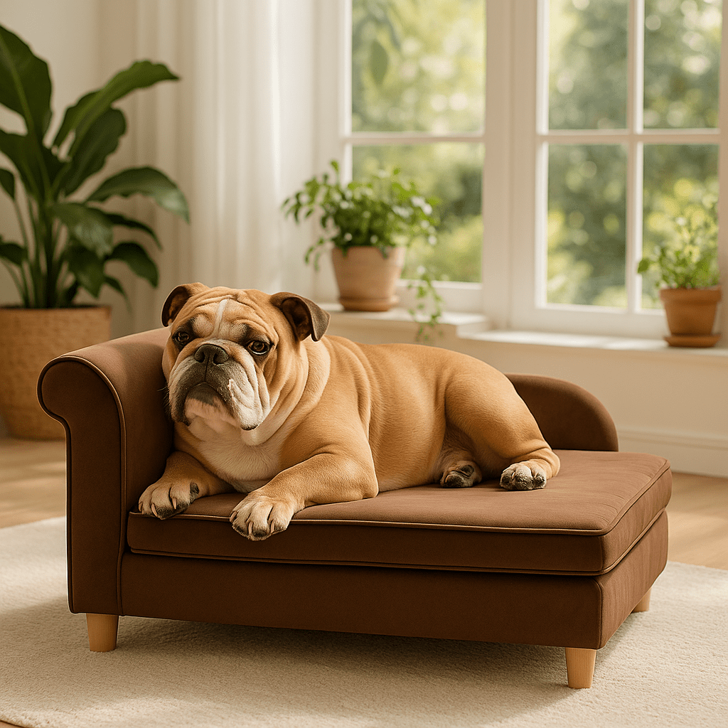 Fauteuils-pour-chiens-taille-M-un chien moyen couché sur son canapé lit sur pied en bois massif et velours avec matelas haute densité déhoussable et lavable en machine dans le salon de la maison
