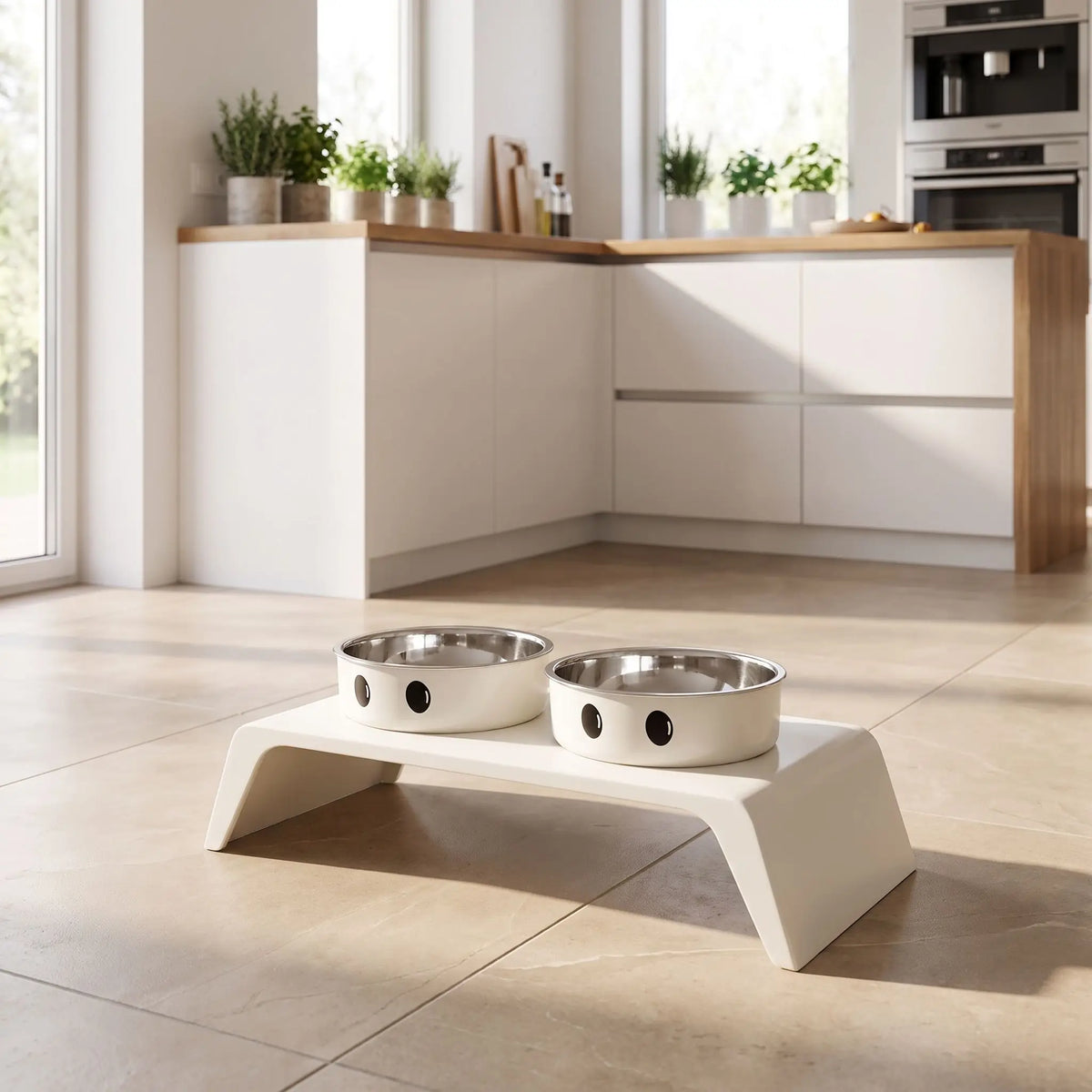 Gamelle-chien-surélevée-chiot-design de couleur blanc épuré de 8,5 cm de hauteur avec ses deux gamelles en inox amovibles lavable en lave-vaisselle avec pieds antidérapants, adapté aux chiots et chiens de petite race ou petite taille- gros plan sur la station d'alimentation avec son support design moderne blanc et ses deux gamelles en inox sur le support blanc en ABS aux formes épurés et moderne sur le sol de la cuisine lifestyle de la maison
