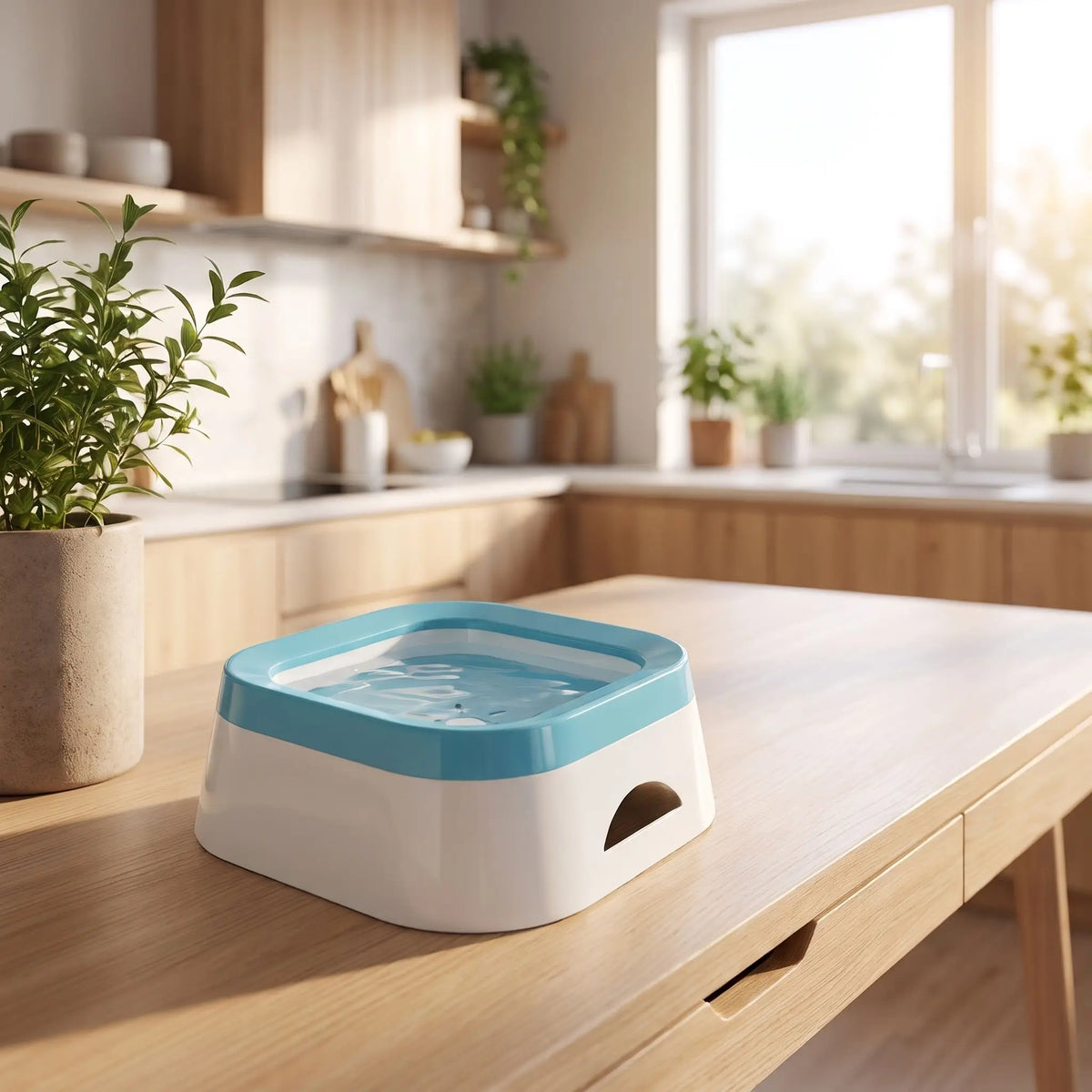 Gamelle-d-eau-pour-chien et chiot anti-éclaboussures et anti bave, en ABS robuste de qualité alimentaire, sans BPA, démontable en 3 parties: contenant carré avec plateau folttant qui distribue l'eau et la garde propre et son socle supérieur qui assure la sécurité de l'ensemble et ses pieds antidérapant, capacité de 1 litre pour chiot et chien de petite à moyenne race-gros plan sur la gamelle d'eau anti renversement de couleur blanche et bleu sur le meuble de la cuisine de l'appartement