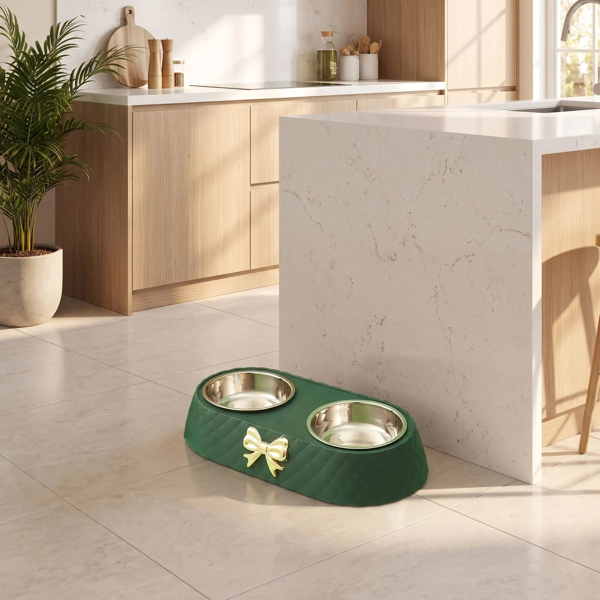 Gamelle-double-pour-chien-petit-avec-support-design noeud doré avec 2 gamelles inox amovibles et lavable en lave-vaisselle, support surélevé en ABS avec pieds antidérapant et anti-renversement, disponible en 3 coloris : marron, vert olive et blanc et chiot de petite race et petite taille avec pour chaque gamelle une contenance de 250 ml chacune-gros plan sur la gamelle double pour nourriture et eau dans un seul support stable anti glissement en hauteur de couleur vert sur le sol de la cuisine de la maison