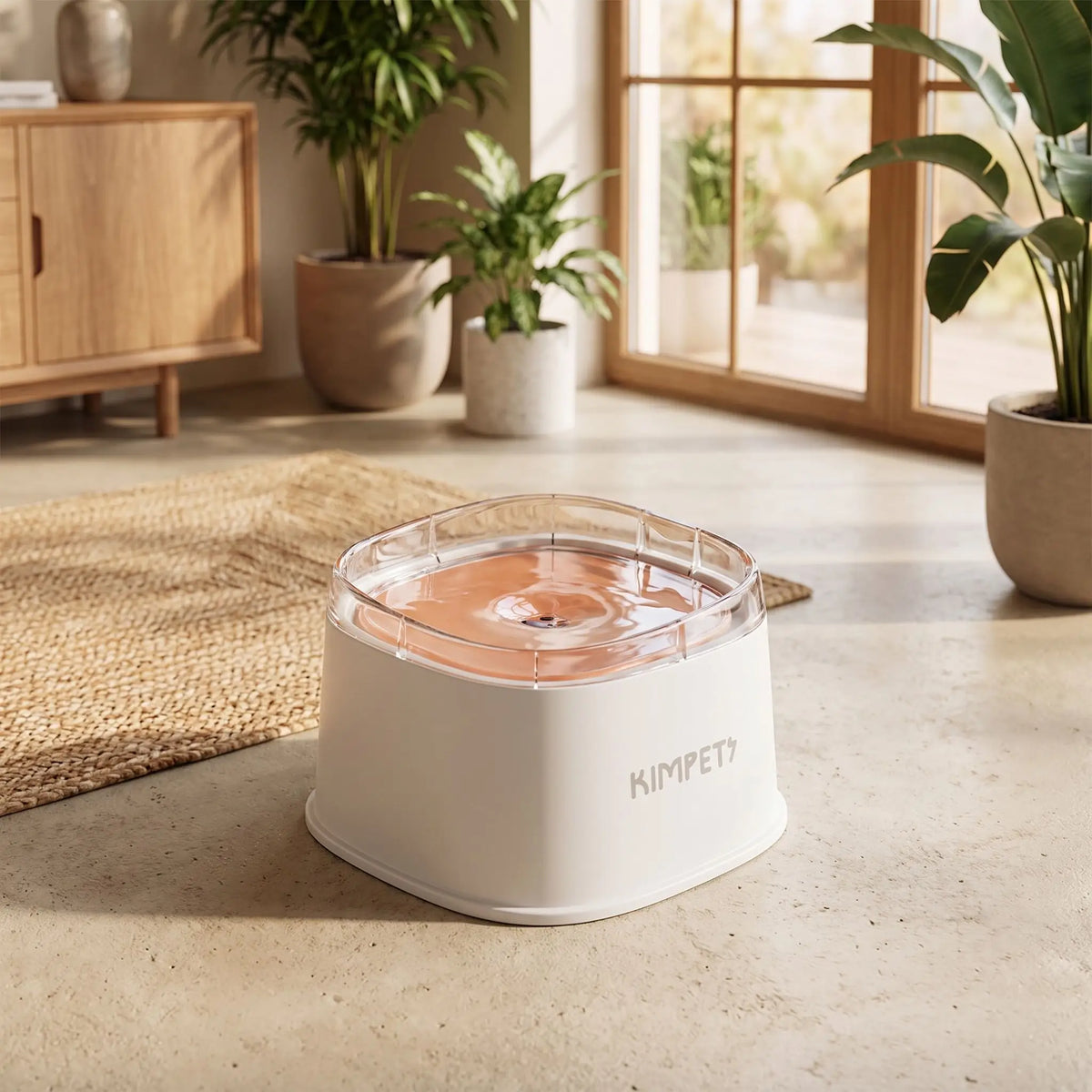 Gamelle-eau-chien-anti-eclaboussure-chiot-anti-bave avec base flottante et rebord surélevé anti projection, en plastique PP robuste de qualité alimentaire sans BPA, lavable en lave-vaisselle, démontable en 3 parties, garde l'eau propre et hygiénique et les babines de chien et les sols de la maison secs, grande capacité de 2 litres en 3 couleurs : blanc, vert et noir-gros plan sur la gamelle d'eau anti éclaboussure de couleur blanche surélevé sur le sol de l'appartement