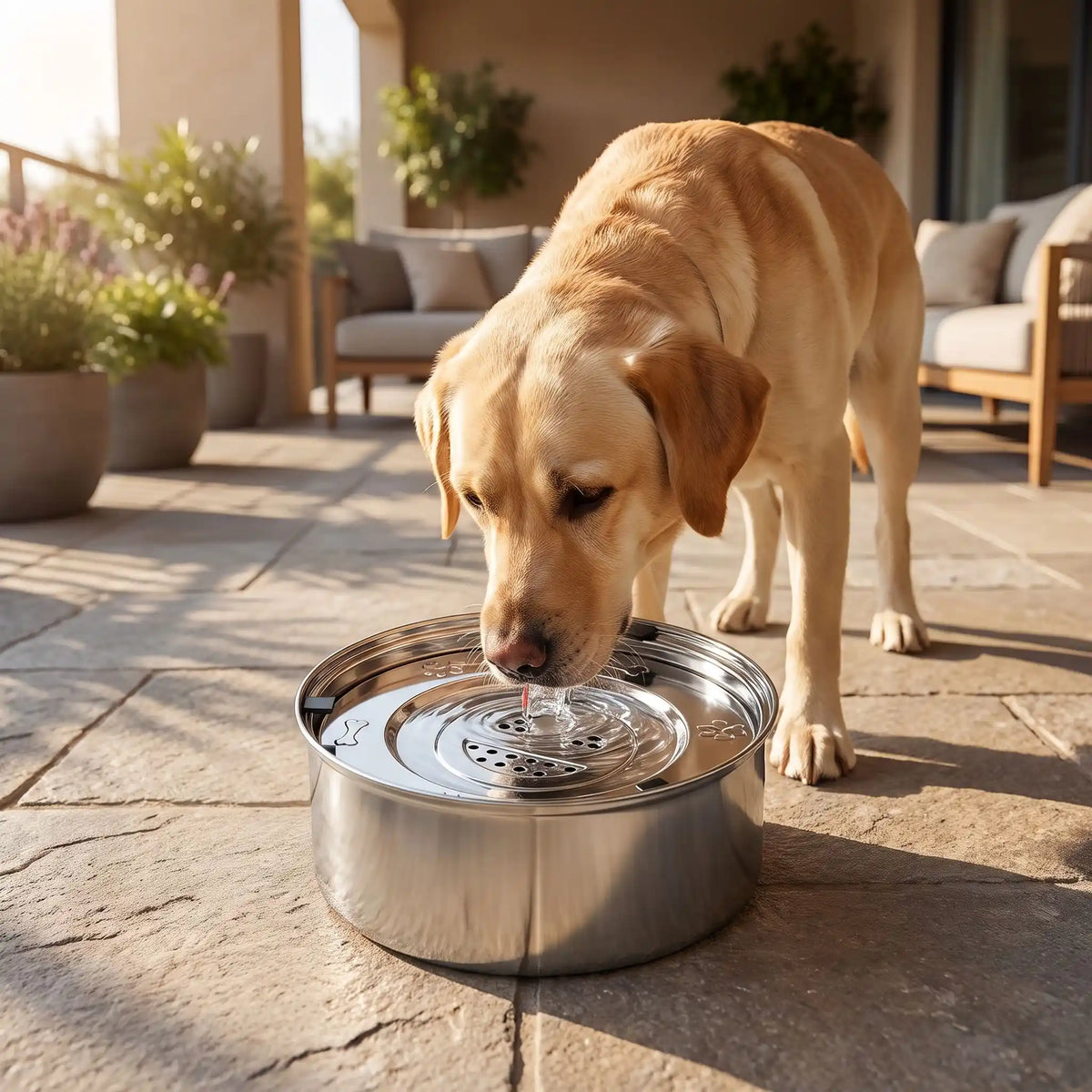 Gamelle-eau-chien-chiot anti-renversement, anti-éclaboussure en inox 304 de qualité alimentaire avec pieds antidérapants avec son plateau filtre anitbactéries, poussiÚres, et poils, le tout 100% inox lavable au lave vaisselle, disponible en deux modÚles : 1 litre et 3 litres pour chien de petite à grande taille-un chien race moyenne qui boit proprement l'eau fraiche et hygiénique de la gamelle 100% inox anti odeur et bactéries avec ses pieds anti-rayures sur la terrasse en dalle de la maison