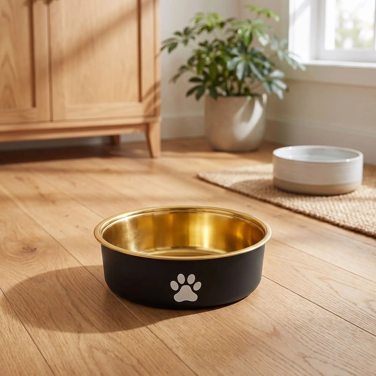 Gamelle-en-inox 304 robuste et indéformable pour chien et chiot design hygiénique, lavable en lave-vaisselle avec son fond antidérapant en silicone pour une stabilité à toute épreuve, anti renversement, anti éclaboussures, design noir avec une patte de chien blanche et intérieur chic de couleur or ou bronze, disponible en 3 tailles 250/500/1000 ml pour toute taille, race de chiot ou chien du petite, moyenne à grande-gros plan sur la gamelle en inox noir et or avec le design patte de chien blanche