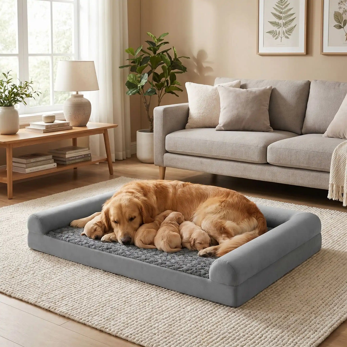 Grand-lit-chien-orthopédique-xxl avec traversin intégré,antidérapant-imperméable-déhoussable-lavable en machine-résistant aux griffes et morsures pour grand chien et chiot jusqu'à 68 kg max-en velours côtelé et 100% Coton PP et deux traversins cylindriques rembourré en forme de L de couleur gris pour un effet apaisant et sécurisant-un chienne de grande race couché confortablement sur son lit orthopédique avec rebord surélevé en U comme un canapé avec tous ses chiots qui viennent téter dans le salon