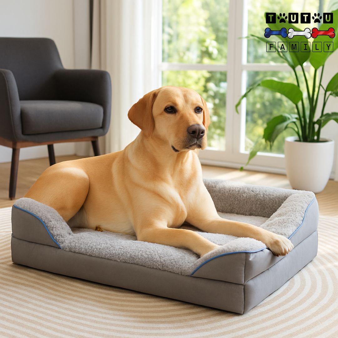 Grand-panier-pour-chien-imperméable-un-labrador-couché-sur-le-ventre-dans-son-grand-panier-orthopédique-déhoussable-lavable-en-machine-et-résistant-aux-griffes-et-morsure-certifié-et-testé-sans-produits-chimique-imperméable-et-disponible-en-3-tailles