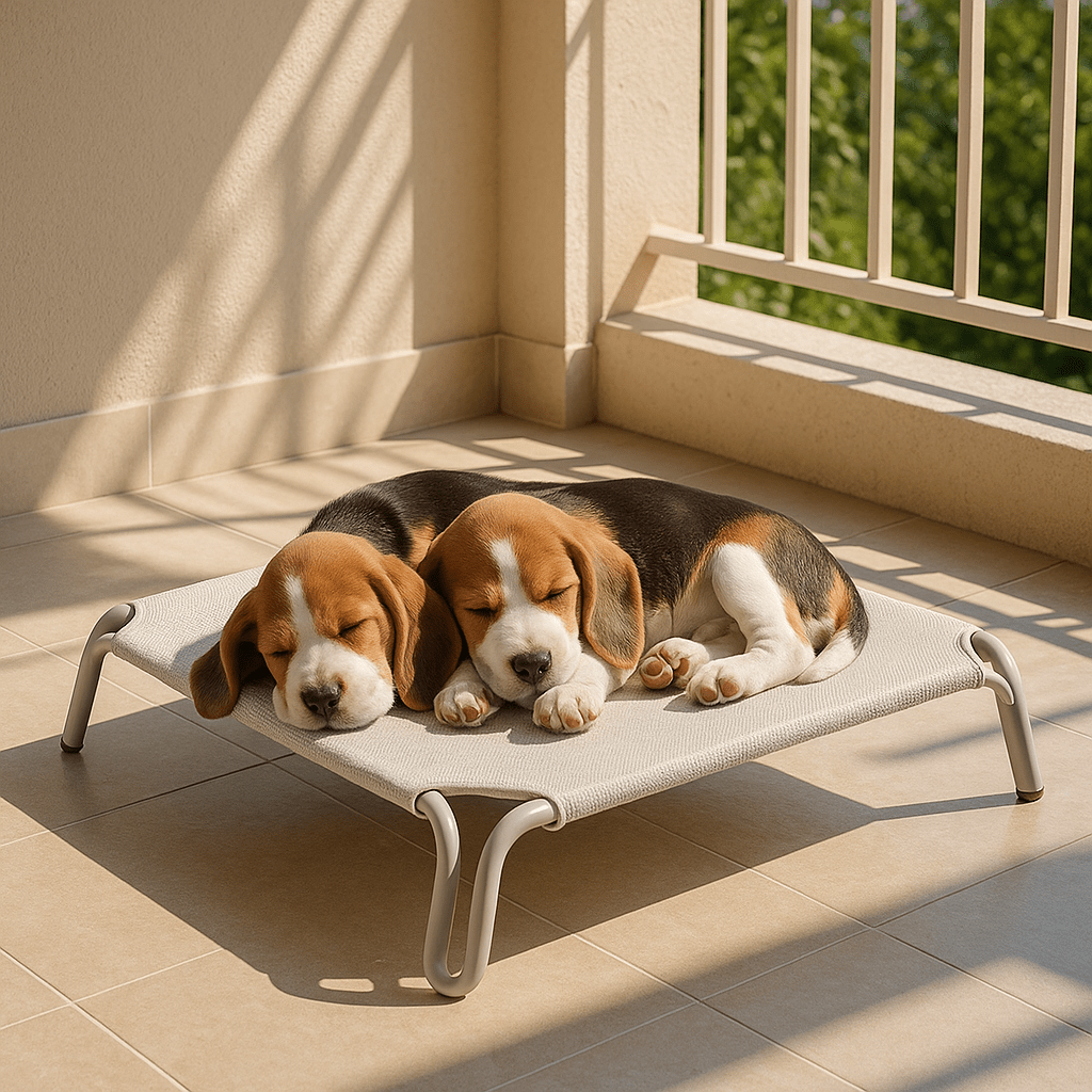 Hamac-pour-chien-imperméable-lit surélevé démontable-lavable-en teslin ultra-résistant aux griffes doux, ergonomique sur pied et cadre en acier inoxydable stable-isole du sol froid, des bactéries et poussière-hygiénique et durable-respirant et rafraichissant en été pour une utilisation polyvalente en intérieur ou extérieur pour toutes tailles de chiens jusqu'à 30 kg-deux Beagles qui dorment confortablement couché l'un contre l'autre sur le lit de camp dans le balcon de l'appartement