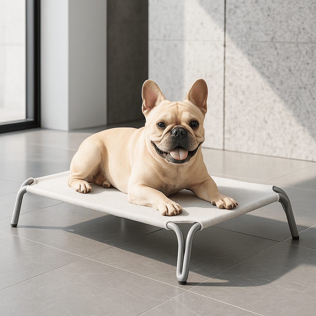Hamac-pour-chien-imperméable-lit surélevé démontable-lavable-en teslin ultra-résistant aux griffes doux, ergonomique sur pied et cadre en acier inoxydable stable-isole du sol froid, des bactéries et poussière-hygiénique et durable-respirant et rafraichissant en été pour une utilisation polyvalente en intérieur ou extérieur pour toutes tailles de chiens jusqu'à 30 kg-un Bouledogue français couché confortablement sur son lit de camp dans le salon de l'appartement