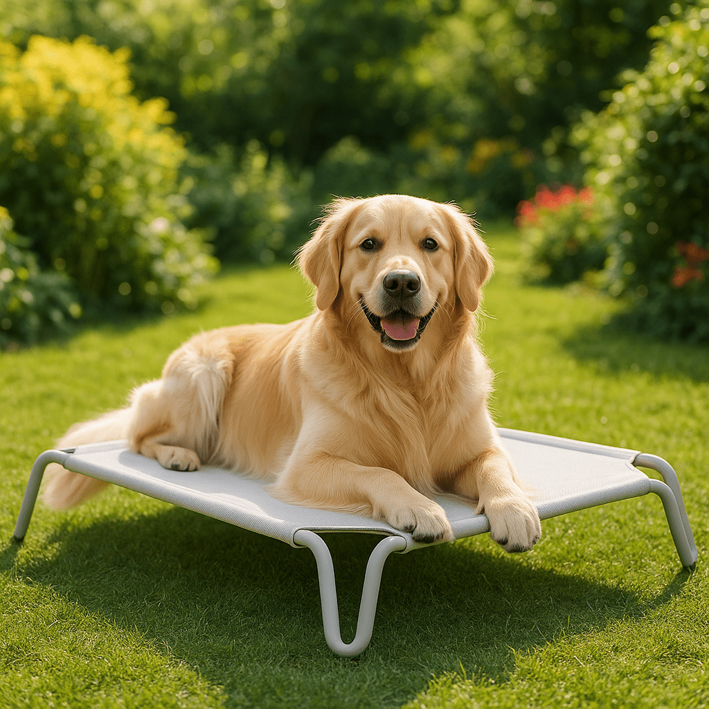 Hamac-pour-chien-imperméable-lit surélevé démontable-lavable-en teslin ultra-résistant aux griffes doux, ergonomique sur pied et cadre en acier inoxydable stable-isole du sol froid, des bactéries et poussière-hygiénique et durable-respirant et rafraichissant en été pour une utilisation polyvalente en intérieur ou extérieur pour toutes tailles de chiens jusqu'à 30 kg-un Golden retriever couché sur son lit surélevé dans le jardin de la maison en été