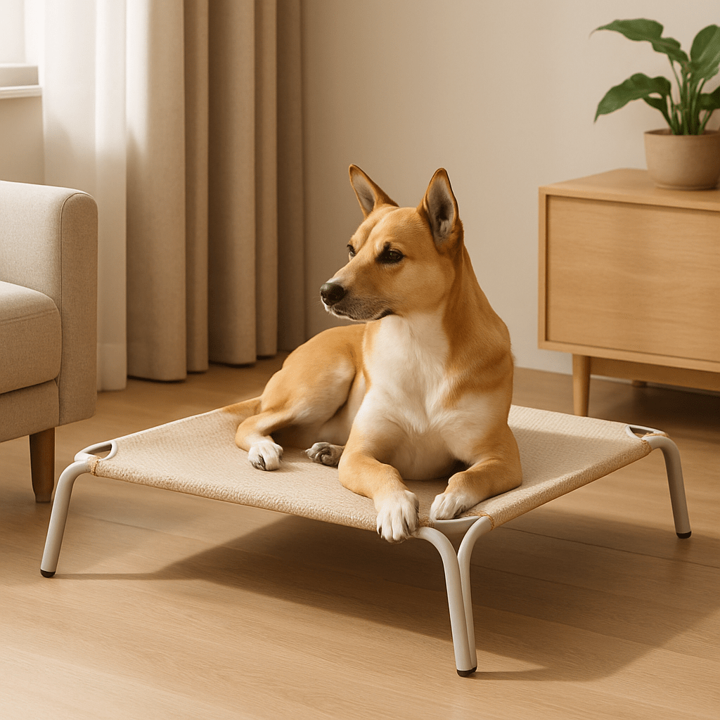 Hamac-pour-chien-imperméable-lit surélevé démontable-lavable-en teslin ultra-résistant aux griffes doux, ergonomique sur pied et cadre en acier inoxydable stable-isole du sol froid, des bactéries et poussière-hygiénique et durable-respirant et rafraichissant en été pour une utilisation polyvalente en intérieur ou extérieur pour toutes tailles de chiens jusqu'à 30 kg-un grand chien couché sur son lit surélevé dans le salon de l'appartement